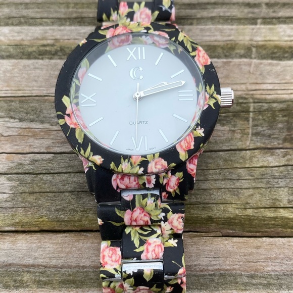 SOLD💲Black Floral rose link watch quartz large face Japan movement - Picture 3 of 9